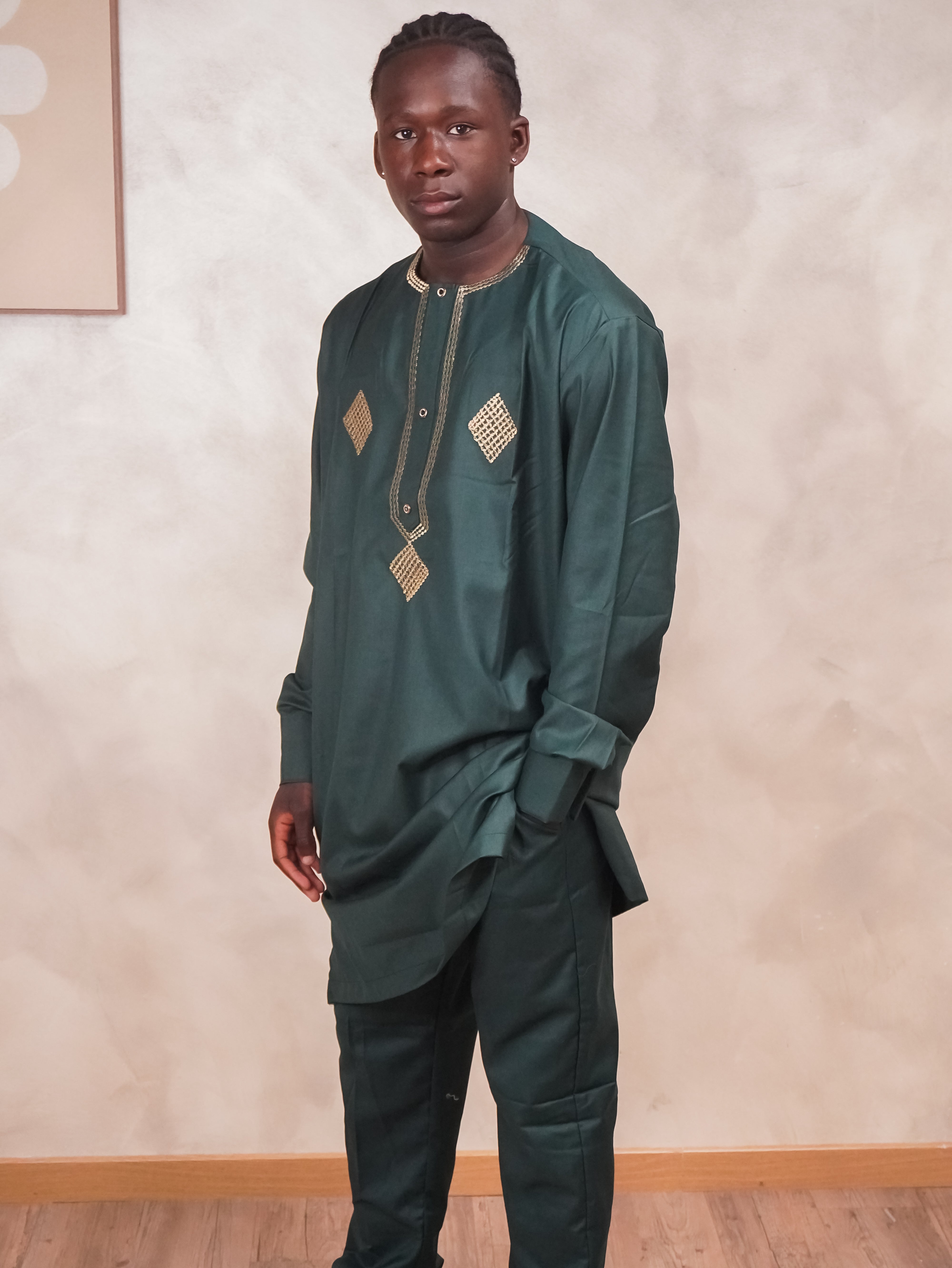 Ensemble 2 pièces homme – Vert foncé avec broderies dorées